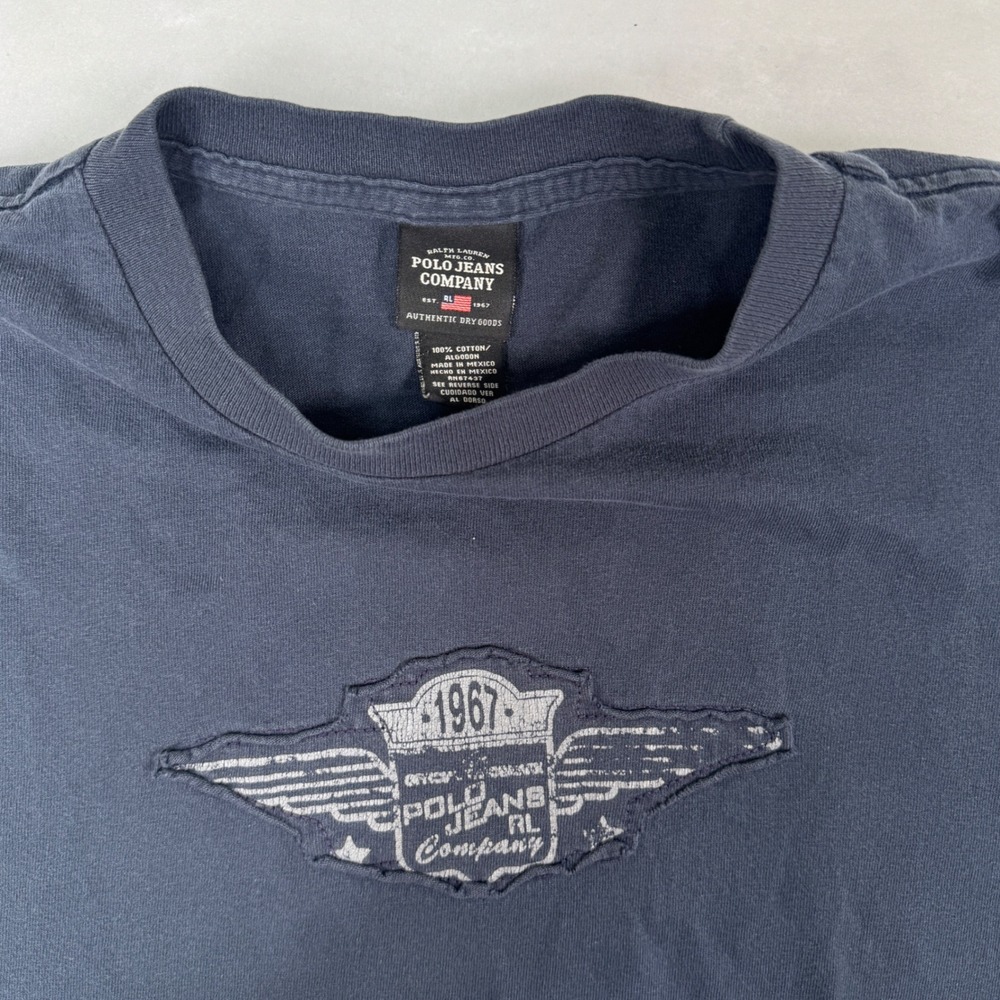 Polo Jeans Co Long Sleeve Shirt Large Navy Distressed Grunge Mens - Picture 3 of 9